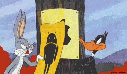A GIF showing Bugs Bunny and Daffy Duck arguing about iPhones and Android, and alternating between pulling down posters with their logos