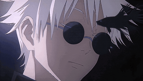 a gif from jujutsu kaisen of gojo and geto. a black fish swims by gojo, while a white fish swims by geto